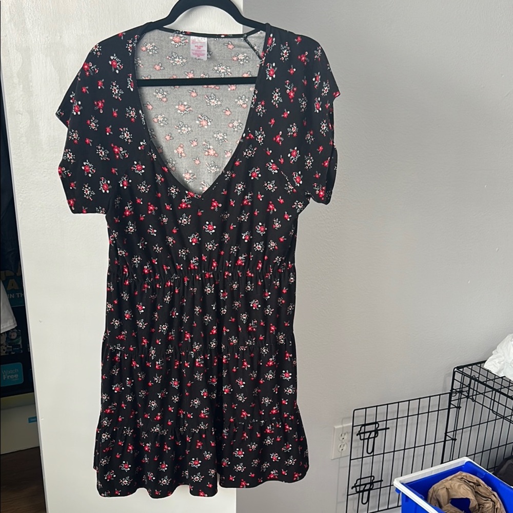 Floral Black Dress with Red and White Accents
